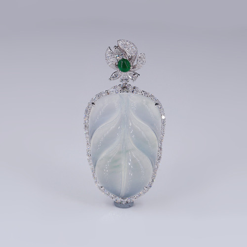 18k翡翠冰树叶吊坠 时尚款式冰翡翠吊坠 镶嵌定制